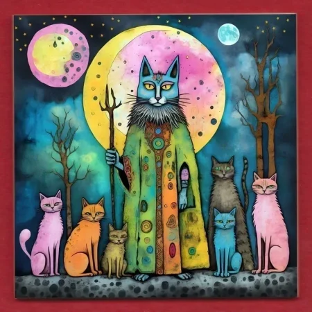 The Cat King Pagan decorative ceramic art display tile 11cm with hook