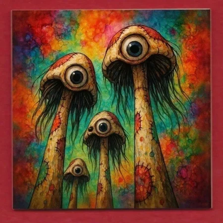 Psychedelic Mushrooms with Eyes decorative ceramic art display tile 11cm with hook