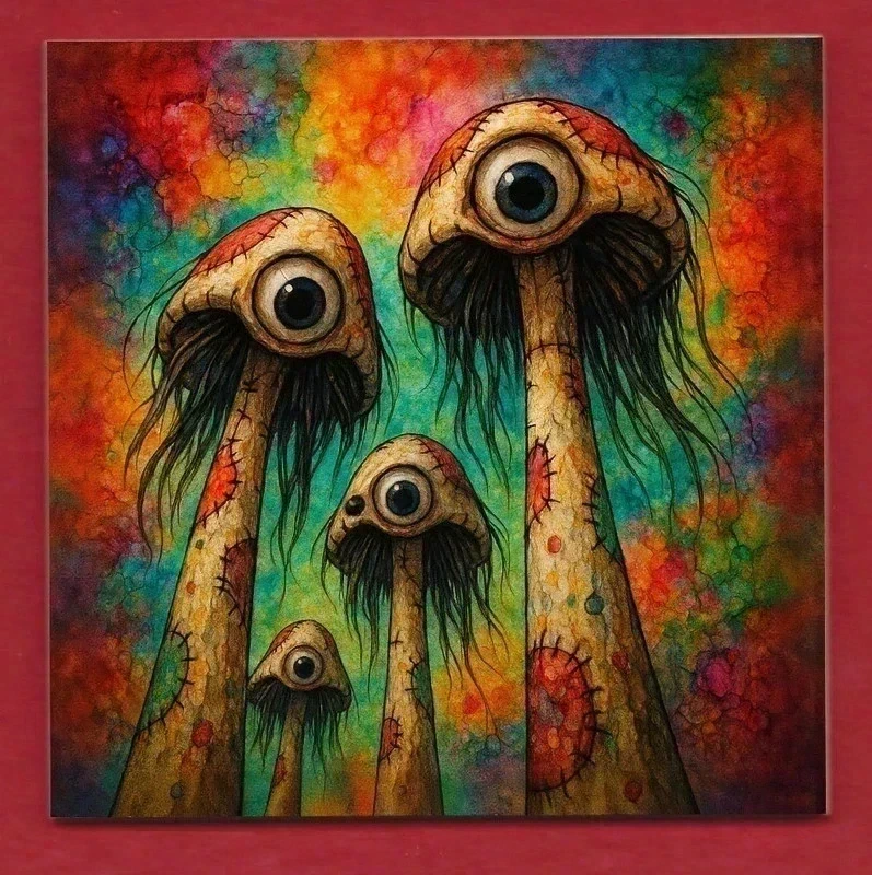 Psychedelic Mushrooms with Eyes decorative ceramic art display tile 11cm with hook