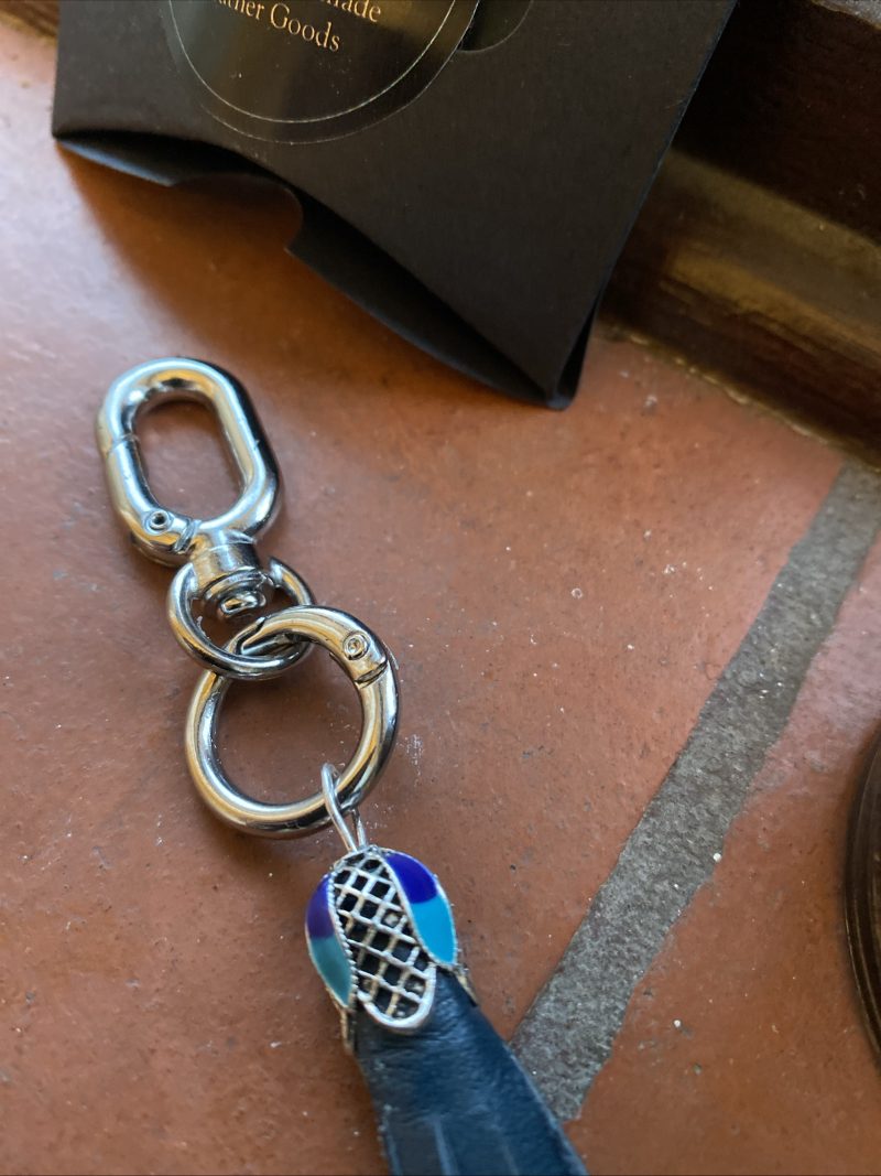 Bag Charm/ tassel italian leather with beautiful tibetan silver and enamel topper