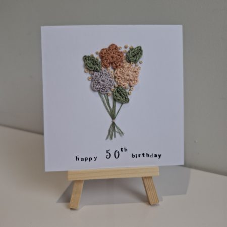 50th Birthday Card, Handmade Floral Crochet Card, Elegant Birthday Card for Her, Milestone Birthday Keepsake
