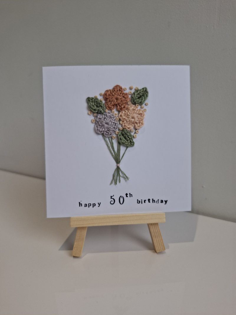50th Birthday Card, Handmade Floral Crochet Card, Elegant Birthday Card for Her, Milestone Birthday Keepsake