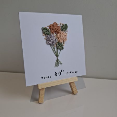 50th Birthday Card, Handmade Floral Crochet Card, Elegant Birthday Card for Her, Milestone Birthday Keepsake