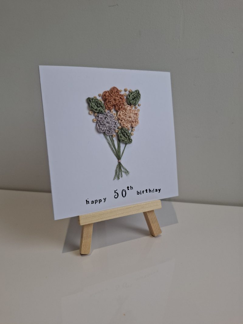 50th Birthday Card, Handmade Floral Crochet Card, Elegant Birthday Card for Her, Milestone Birthday Keepsake