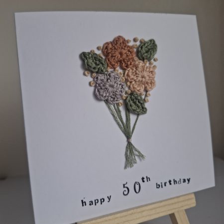 50th Birthday Card, Handmade Floral Crochet Card, Elegant Birthday Card for Her, Milestone Birthday Keepsake