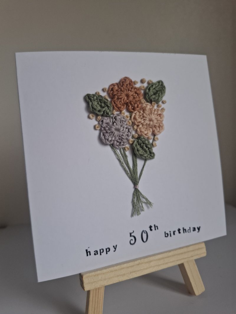50th Birthday Card, Handmade Floral Crochet Card, Elegant Birthday Card for Her, Milestone Birthday Keepsake