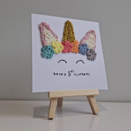 Unicorn 5th Birthday Card, Personalised Girls Birthday Card, Crochet Unicorn Card, Cute Rainbow Unicorn Birthday Card