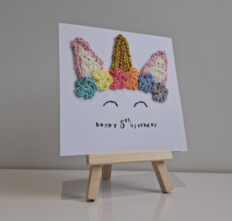 Unicorn 5th Birthday Card, Personalised Girls Birthday Card, Crochet Unicorn Card, Cute Rainbow Unicorn Birthday Card