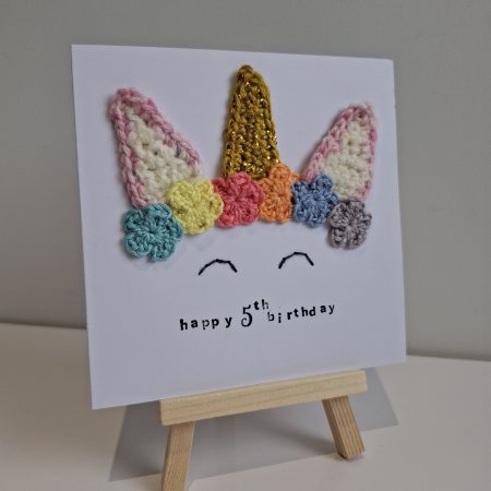 Unicorn 5th Birthday Card, Personalised Girls Birthday Card, Crochet Unicorn Card, Cute Rainbow Unicorn Birthday Card