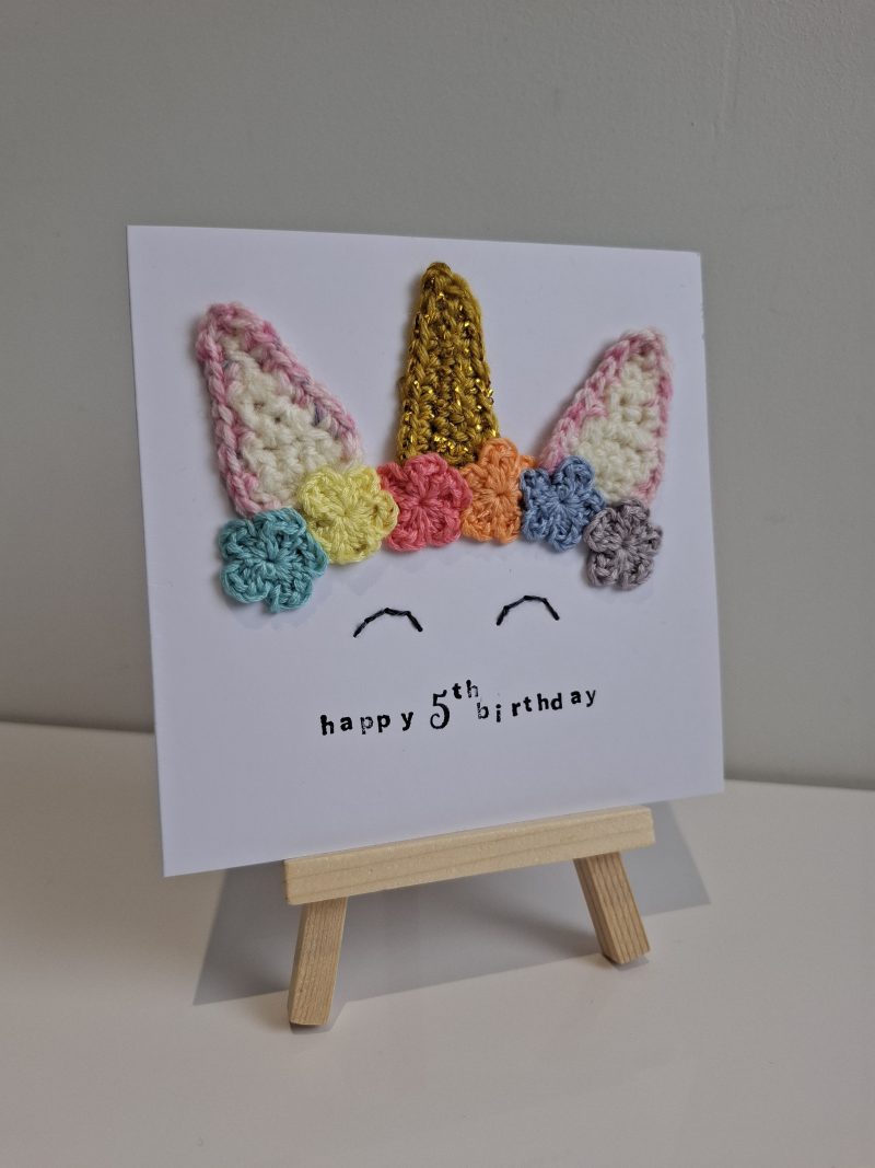 Unicorn 5th Birthday Card, Personalised Girls Birthday Card, Crochet Unicorn Card, Cute Rainbow Unicorn Birthday Card