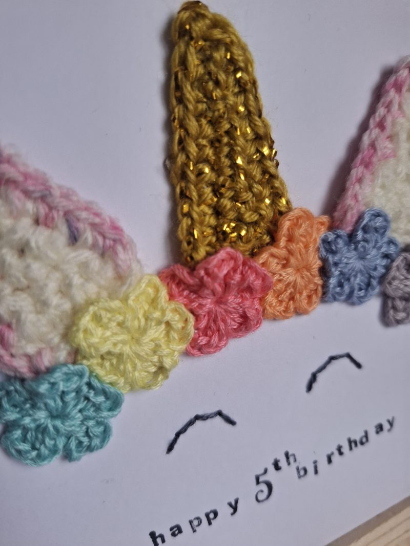 Unicorn 5th Birthday Card, Personalised Girls Birthday Card, Crochet Unicorn Card, Cute Rainbow Unicorn Birthday Card