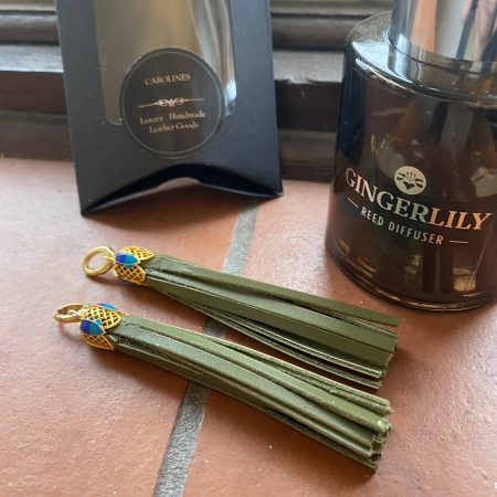 Boot tassel stunning green leather with tibetan silver topper