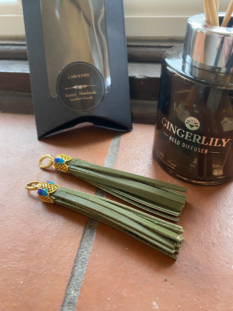 Boot tassel stunning green leather with tibetan silver topper