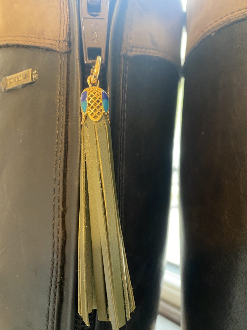 Boot tassel stunning green leather with tibetan silver topper