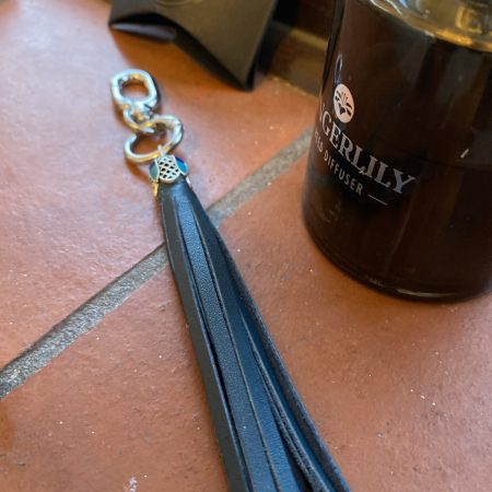 Bag Charm/ tassel handmade Italian leather with stunning enamel and tibetan silver topper