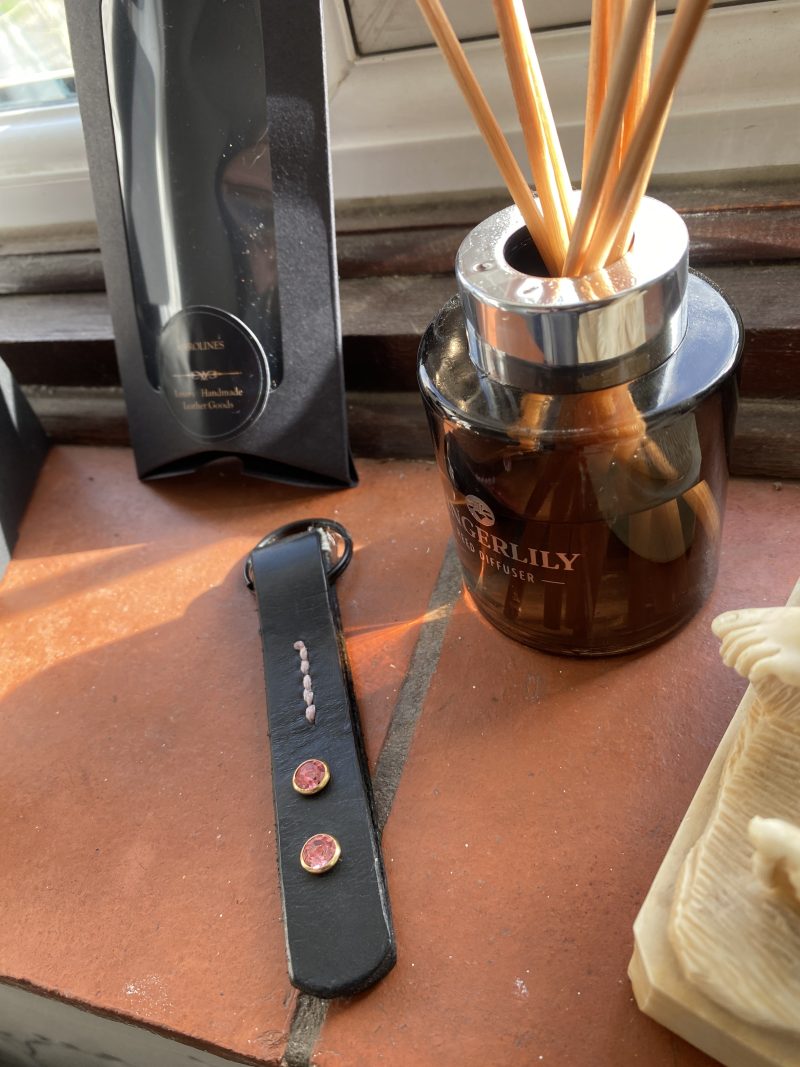 Key ring Leather and Crystal black and pink