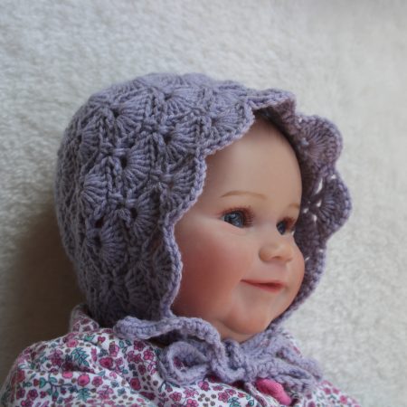 Lilac Baby Bonnet with Pretty Shell Stitch Crochet Design.