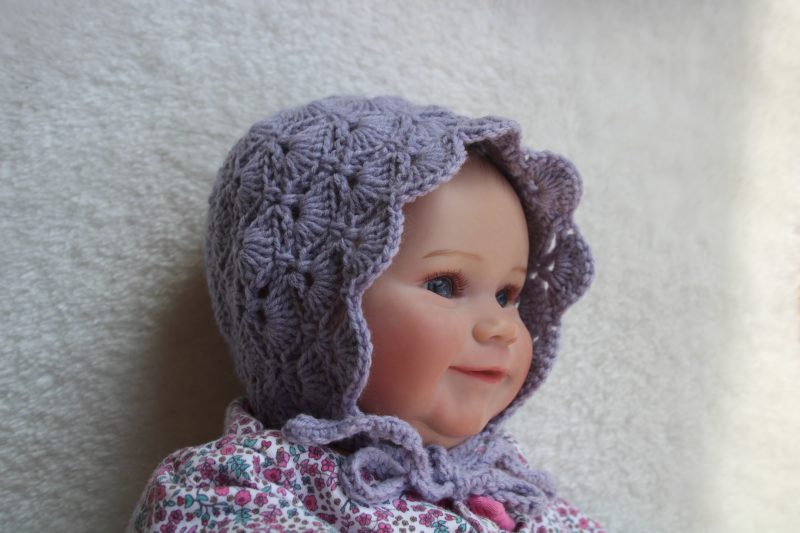 Lilac Baby Bonnet with Pretty Shell Stitch Crochet Design.