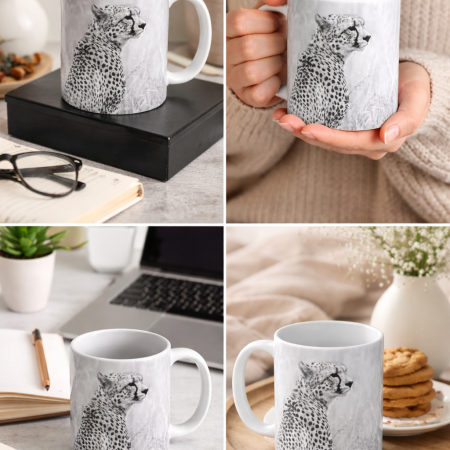 11oz Ceramic Mug with Black and White Cheetah Photo Print