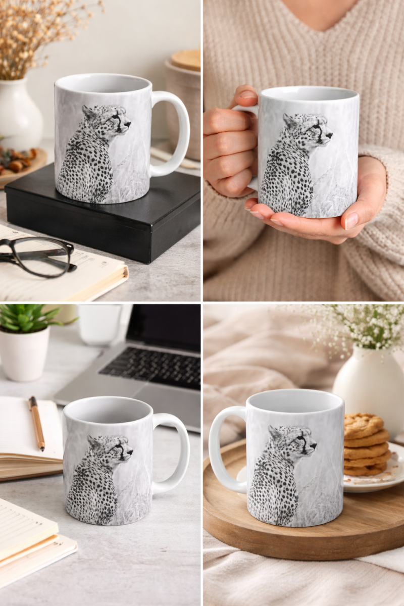 11oz Ceramic Mug with Black and White Cheetah Photo Print