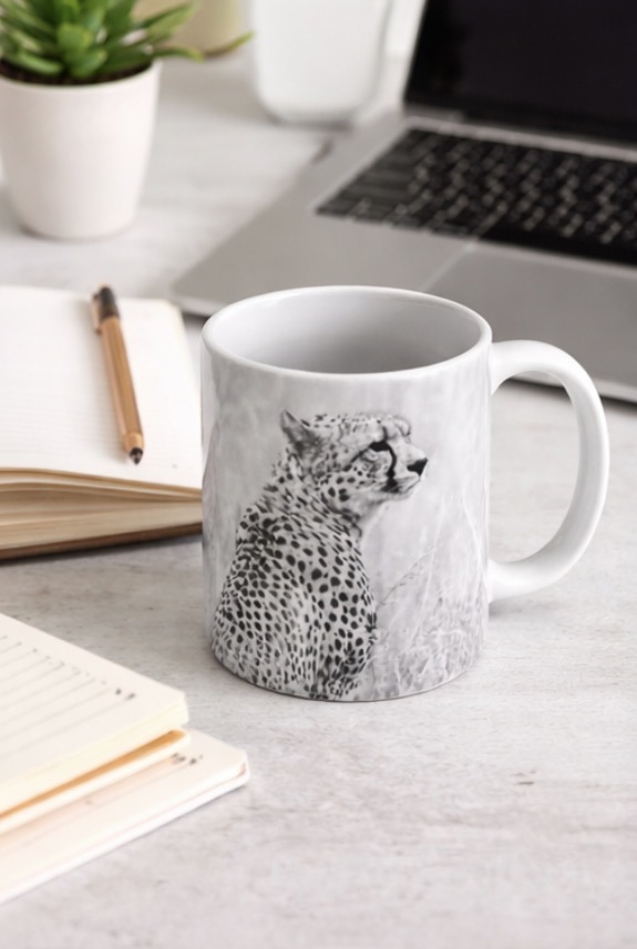 11oz Ceramic Mug with Black and White Cheetah Photo Print