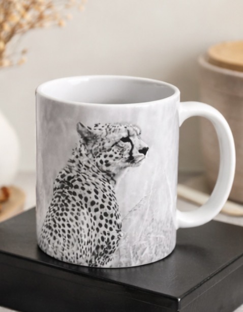 11oz Ceramic Mug with Black and White Cheetah Photo Print