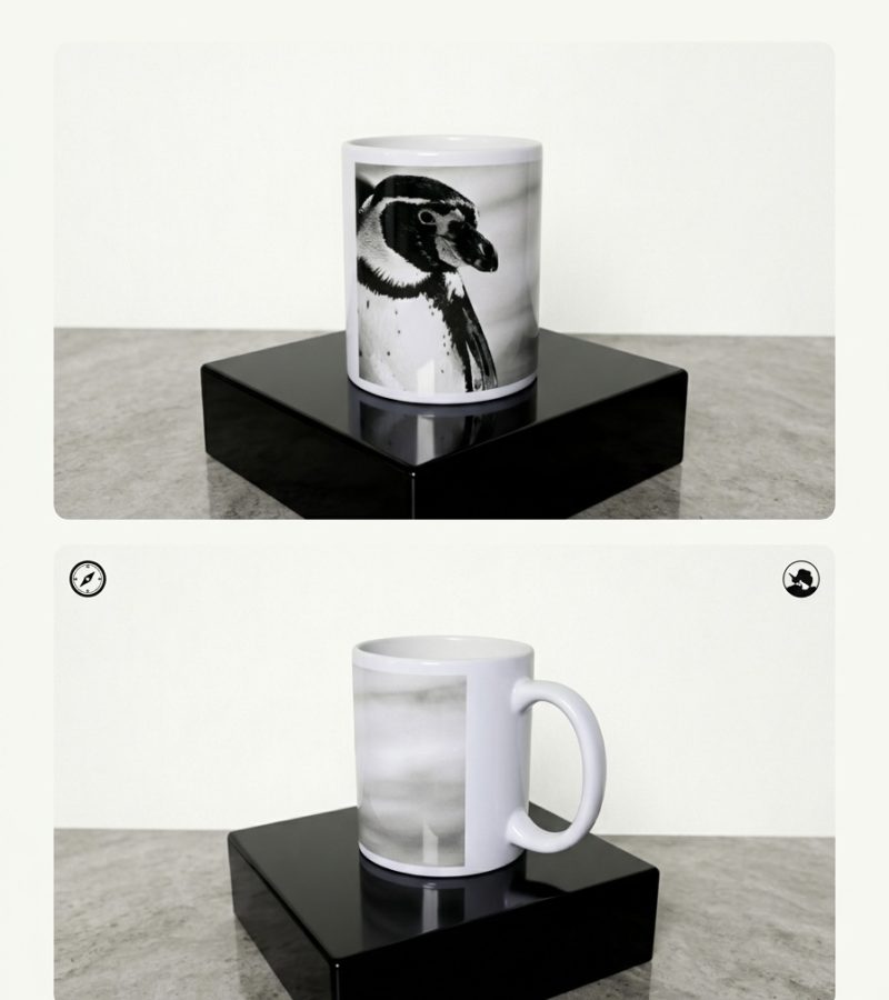 White Coffee Mug with Black & White Humboldt Penguin Print, 11oz