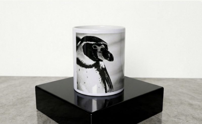 White Coffee Mug with Black & White Humboldt Penguin Print, 11oz