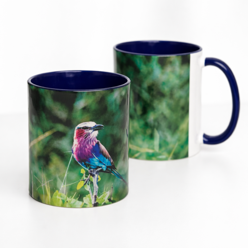 Blue Coffee Mug with Colourful Lilac Breasted Roller Bird Print, 11oz
