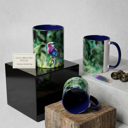 Blue Coffee Mug with Colourful Lilac Breasted Roller Bird Print, 11oz