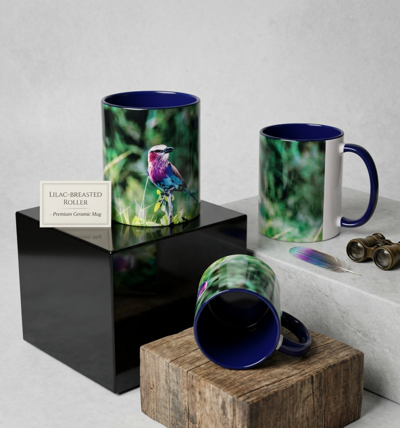 Blue Coffee Mug with Colourful Lilac Breasted Roller Bird Print, 11oz