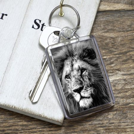 Black and White Lion Photo Acrylic keyring 50x35mm, double sided