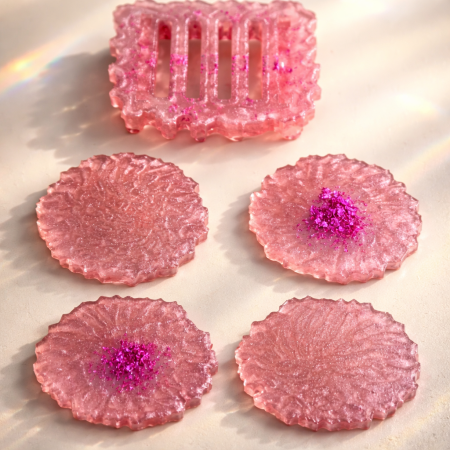 Baby Pink Resin Coaster Set x 4 with Holder