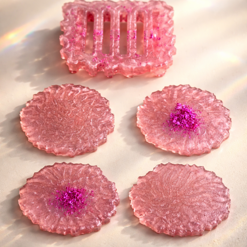 Baby Pink Resin Coaster Set x 4 with Holder