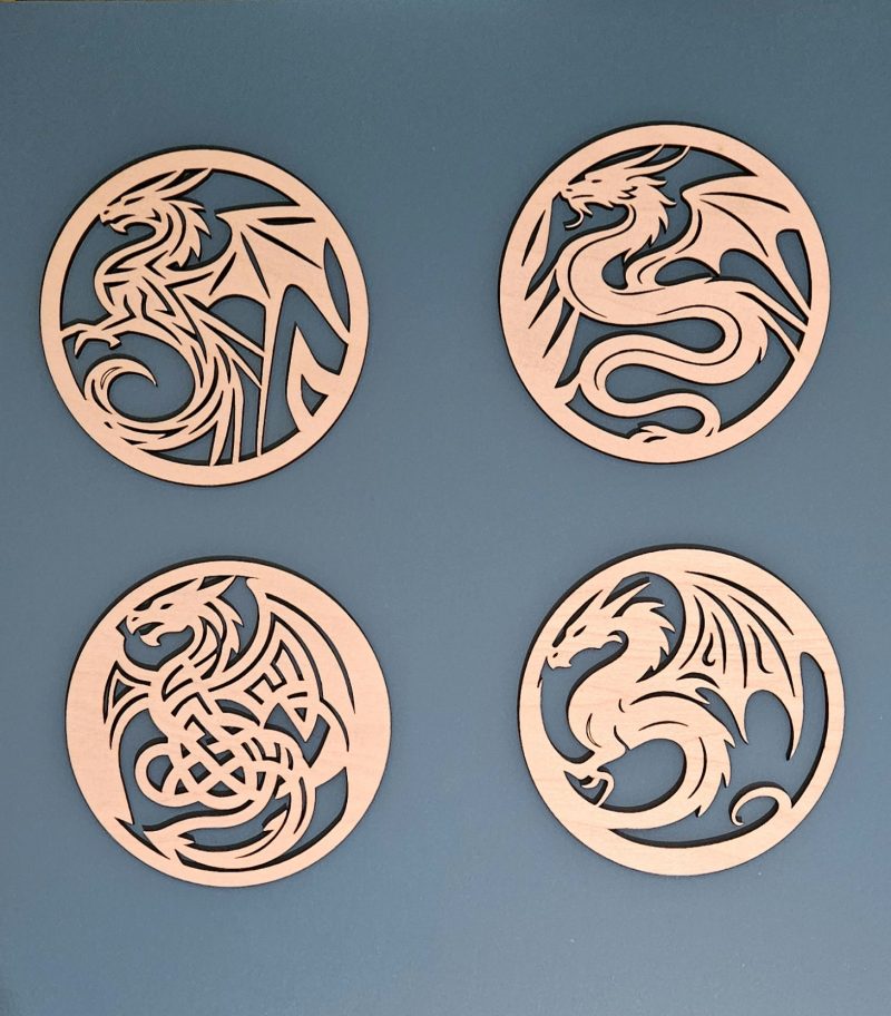 Set of 4 fantasy dragon coasters Laser cut coasters set of 4 dragon design lightweight coasters