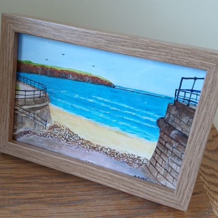 Filey Bay Slipway original framed acrylic in a pine 6x4" frame