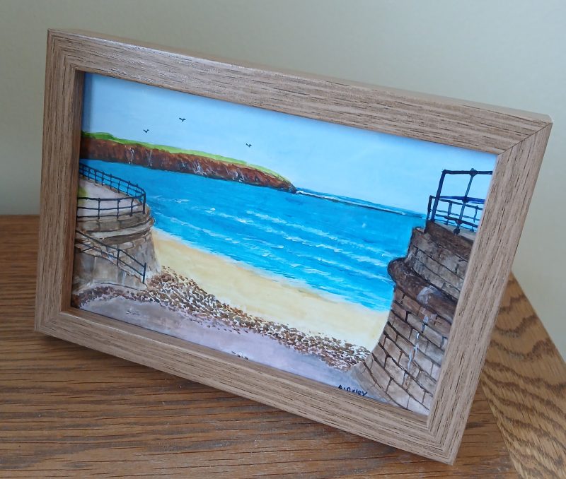 Filey Bay Slipway original framed acrylic in a pine 6x4" frame
