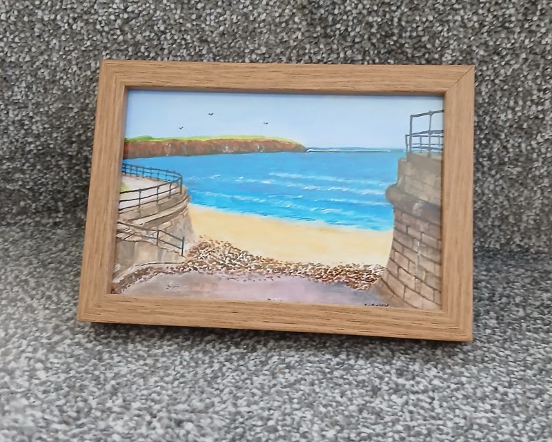 Filey Bay Slipway original framed acrylic in a pine 6x4" frame