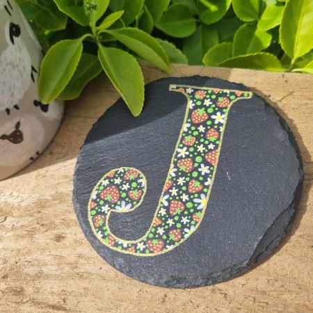 Hand Painted Letter Slate Coaster - Strawberry Design