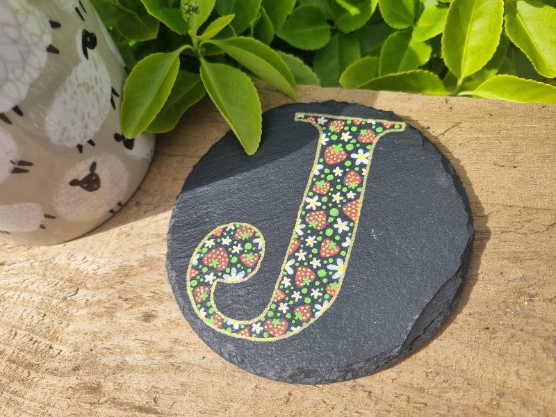 Hand Painted Letter Slate Coaster - Strawberry Design