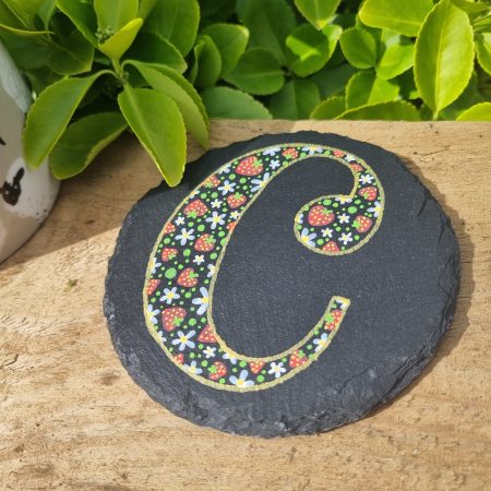 Hand Painted Letter Slate Coaster - Strawberry Design