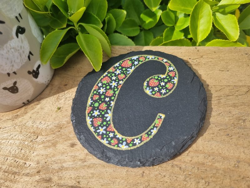 Hand Painted Letter Slate Coaster - Strawberry Design