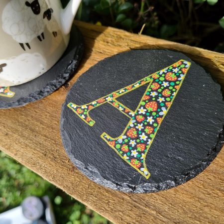 Hand Painted Letter Slate Coaster - Strawberry Design