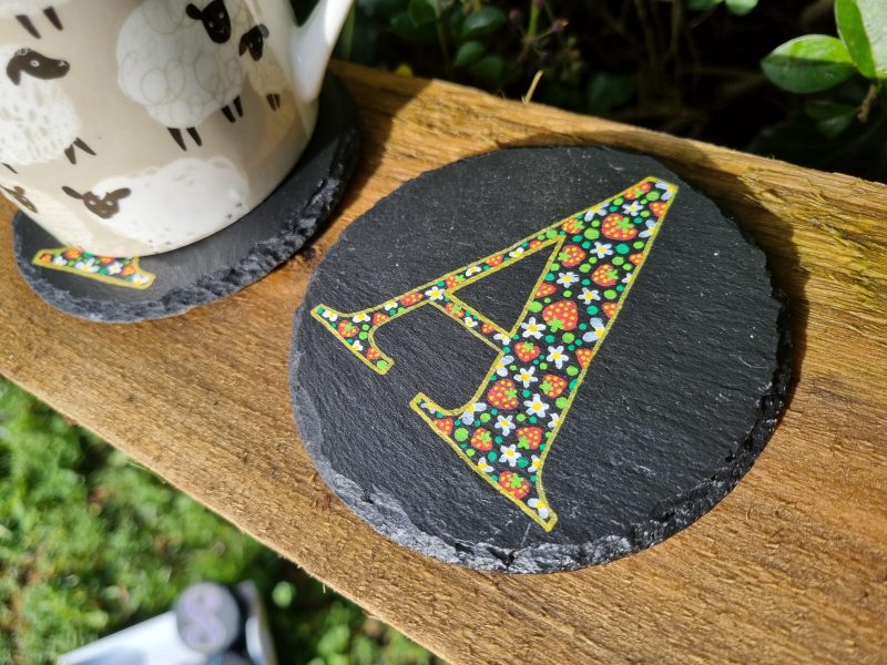Hand Painted Letter Slate Coaster - Strawberry Design