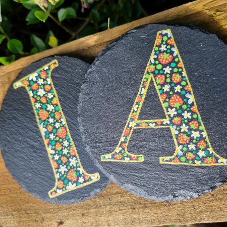 Hand Painted Letter Slate Coaster - Strawberry Design