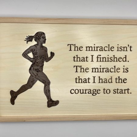 Female Jogger Engraved in Walnut Veneer on Maple, Framed for Wall Hanging