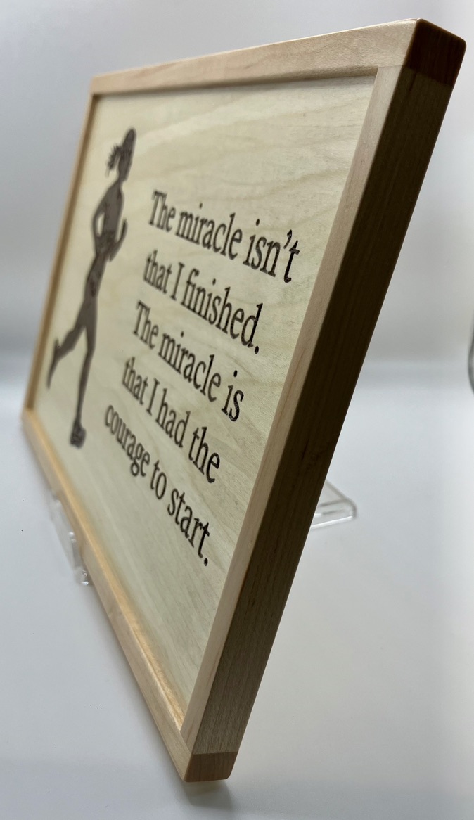 Female Jogger Engraved in Walnut Veneer on Maple, Framed for Wall Hanging