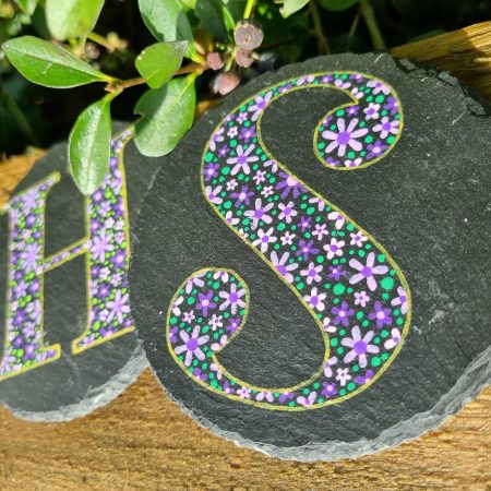 Hand Painted Letter Slate Coaster – Purple Flowers Design