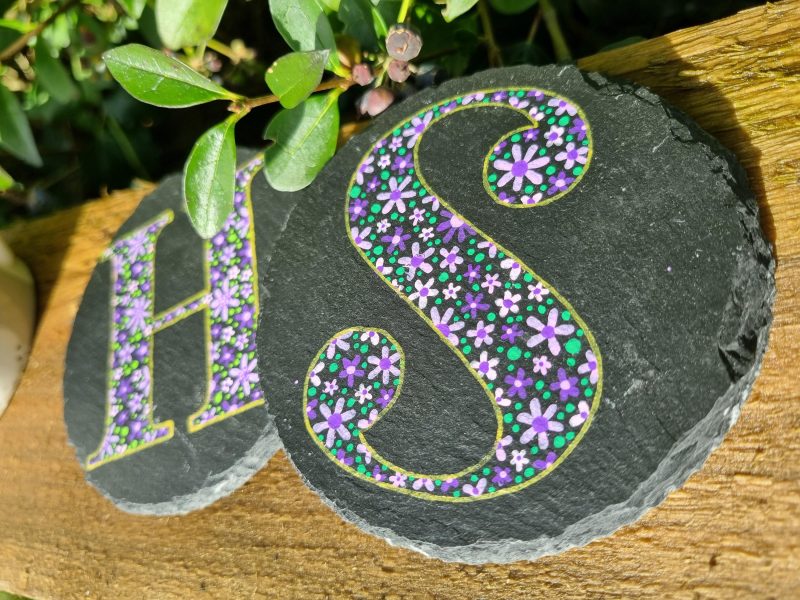 Hand Painted Letter Slate Coaster – Purple Flowers Design