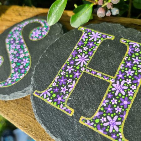 Hand Painted Letter Slate Coaster – Purple Flowers Design